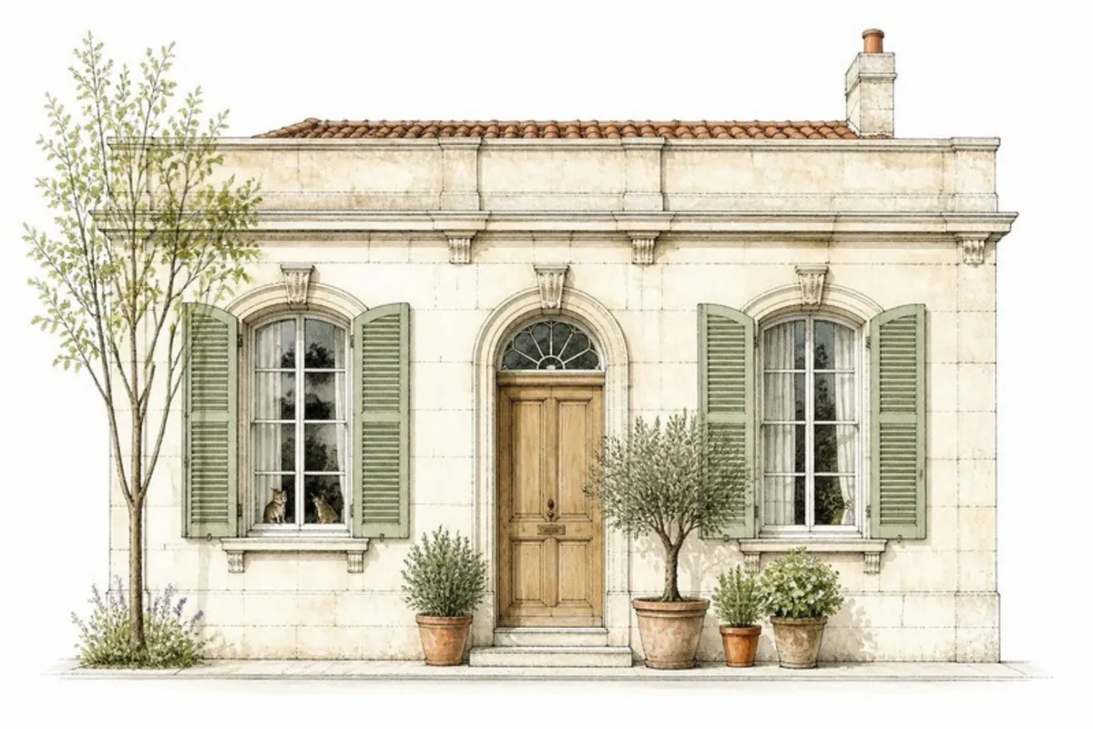 Illustration d'une échoppe bordelaise en pierre avec volets verts, type de maison fréquent pour un DPE à Bordeaux